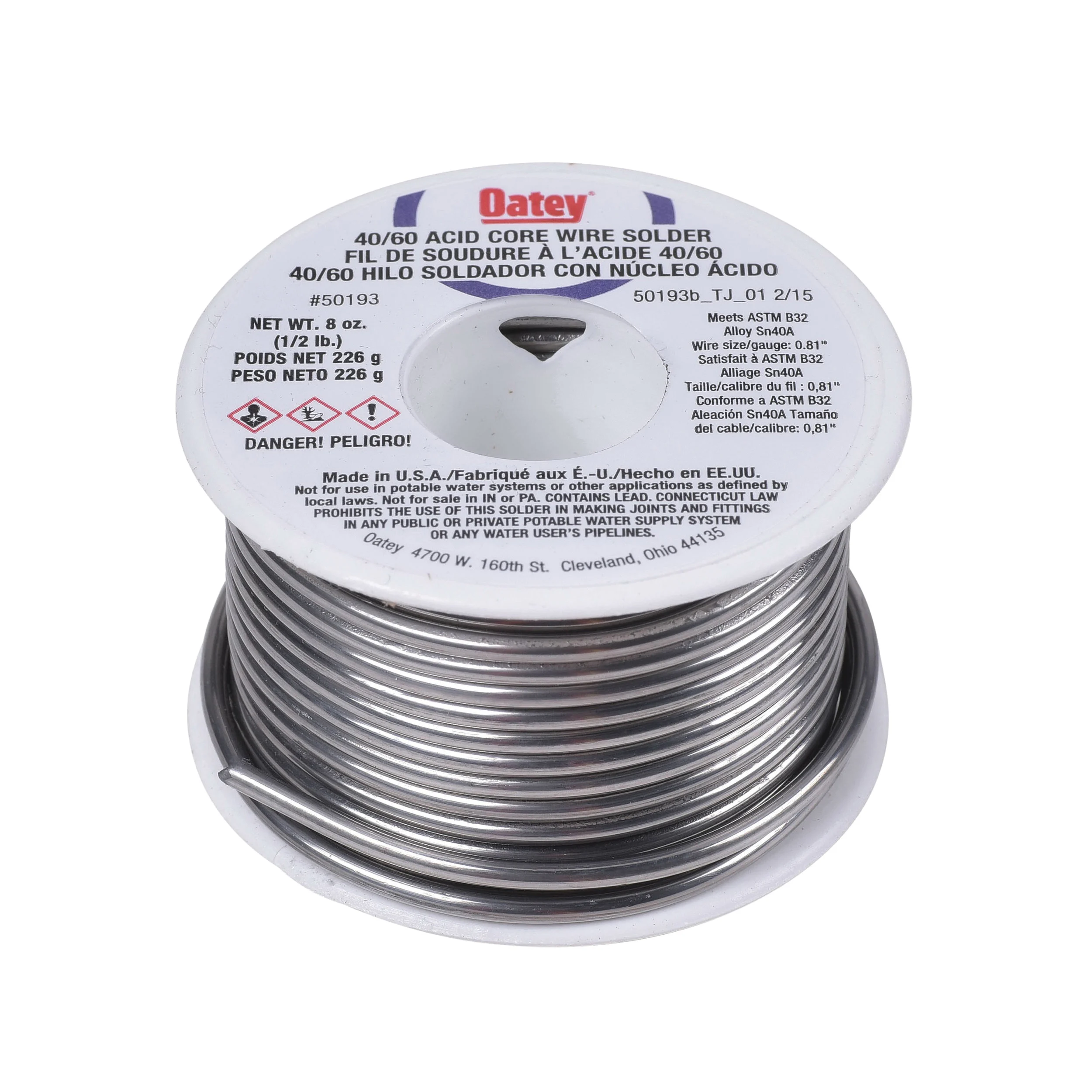 50193 Acid Core Wire Solder, 1/2 lb, Solid, Silver, 360 to 460 deg F Melting Point - Oatey