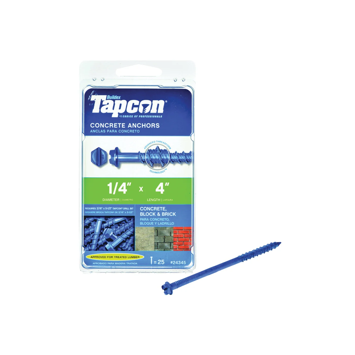 24345 Screw Anchor, Hex Drive, Steel, Climaseal, 25 PK - Tapcon