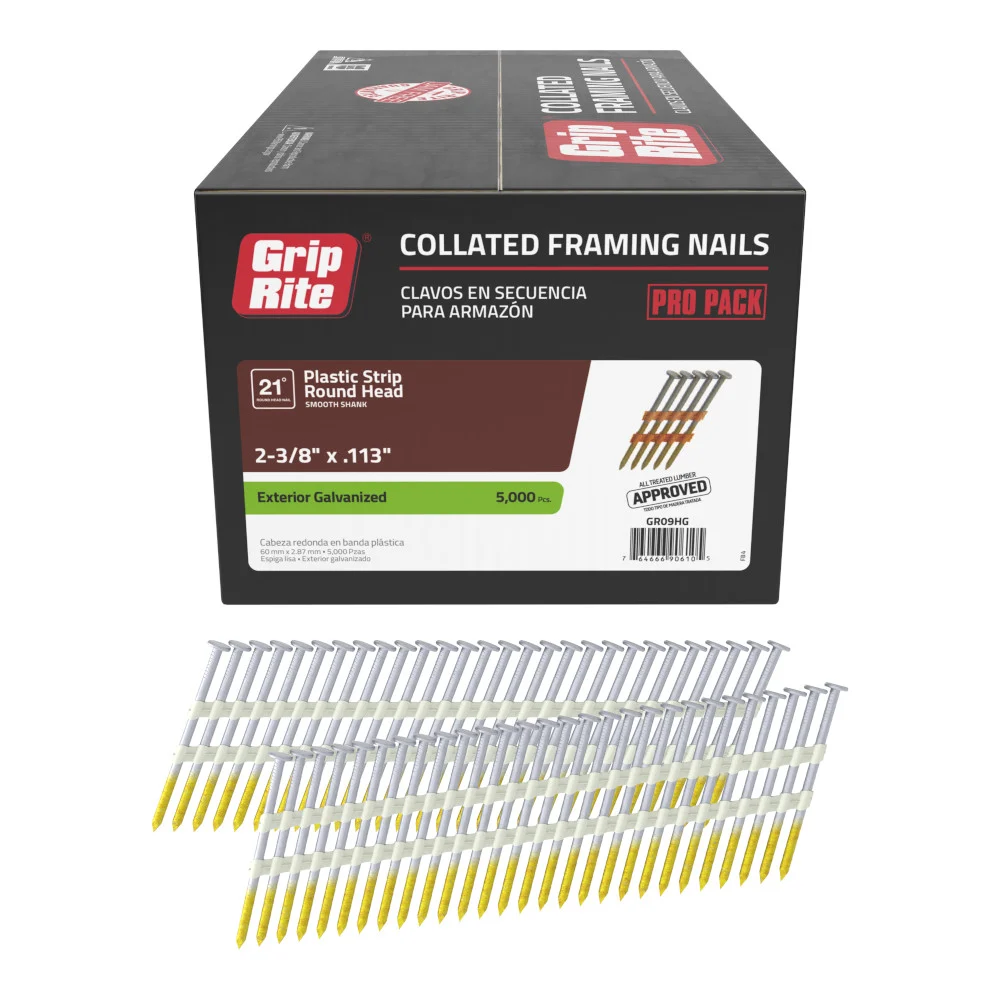 GR09HG Framing Nail, 2-3/8 in L, Steel, Hot-Dipped Galvanized, Round Head, Smooth Shank, 5,000 Count, 21 deg