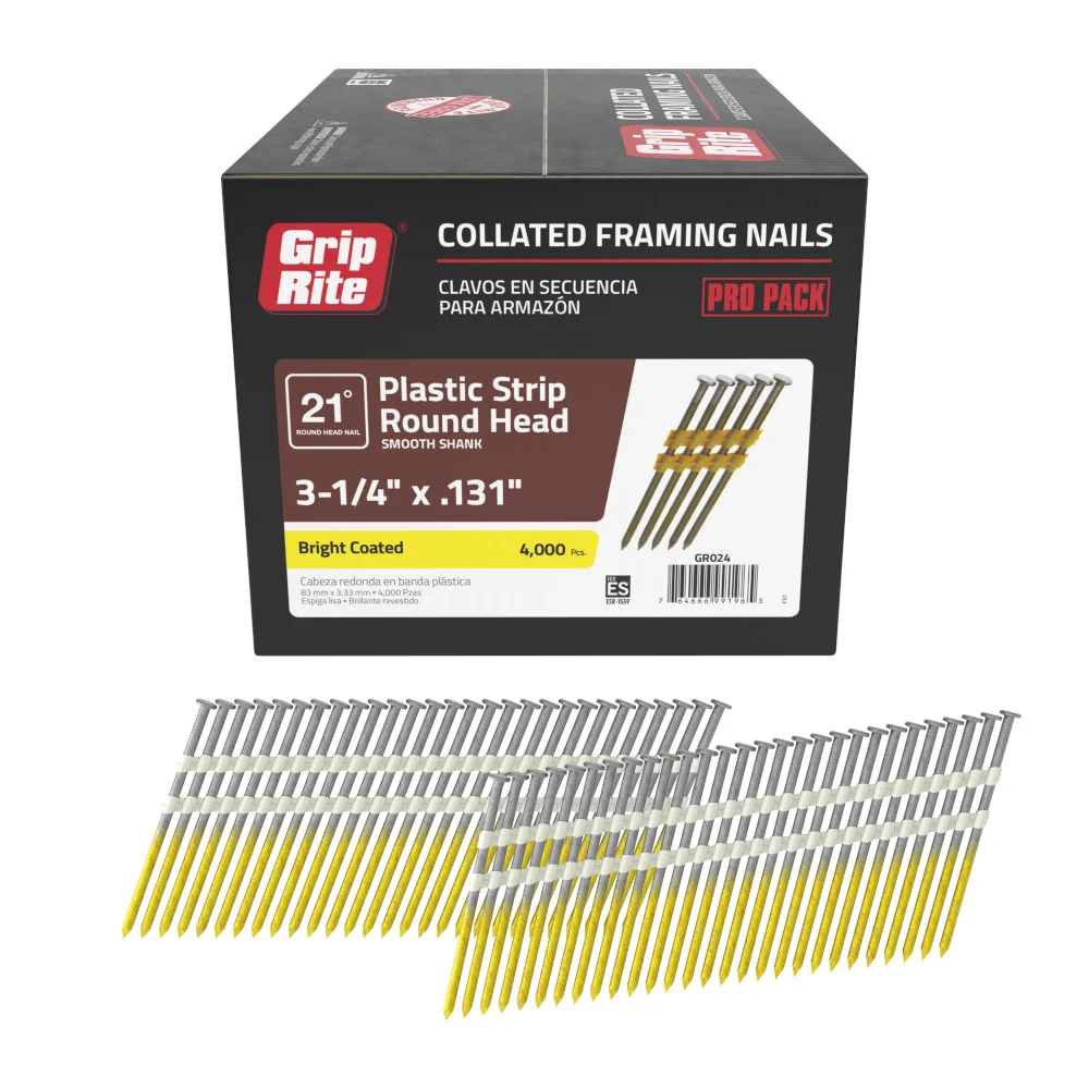 GR024 Framing Nail, 3-1/4 in L, Steel, Bright-Coated, Round Head, Smooth Shank, 4,000 Count, 21 deg