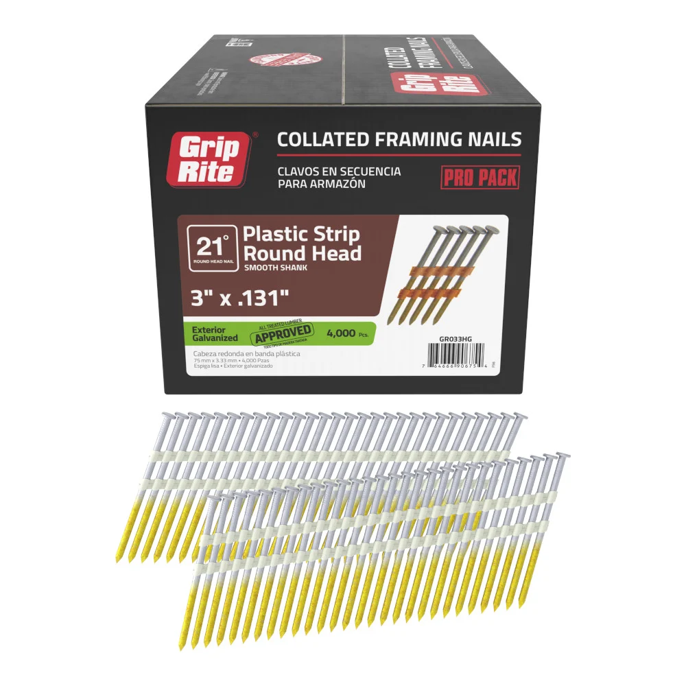 GR033HG Framing Nail, 3 in L, Steel, Hot-Dipped Galvanized, Round Head, Smooth Shank, 4,000 Count, 21 deg