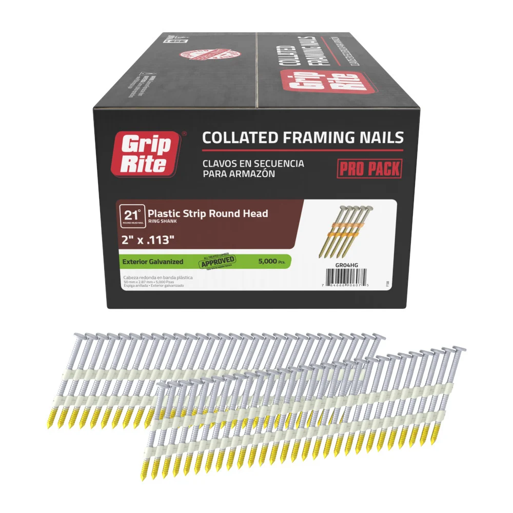 GR04HG Framing Nail, 2 in L, Hot Dip Galvanized, Round Head, Ring Shank, 5,000 Count, 21 deg - Grip-Rite