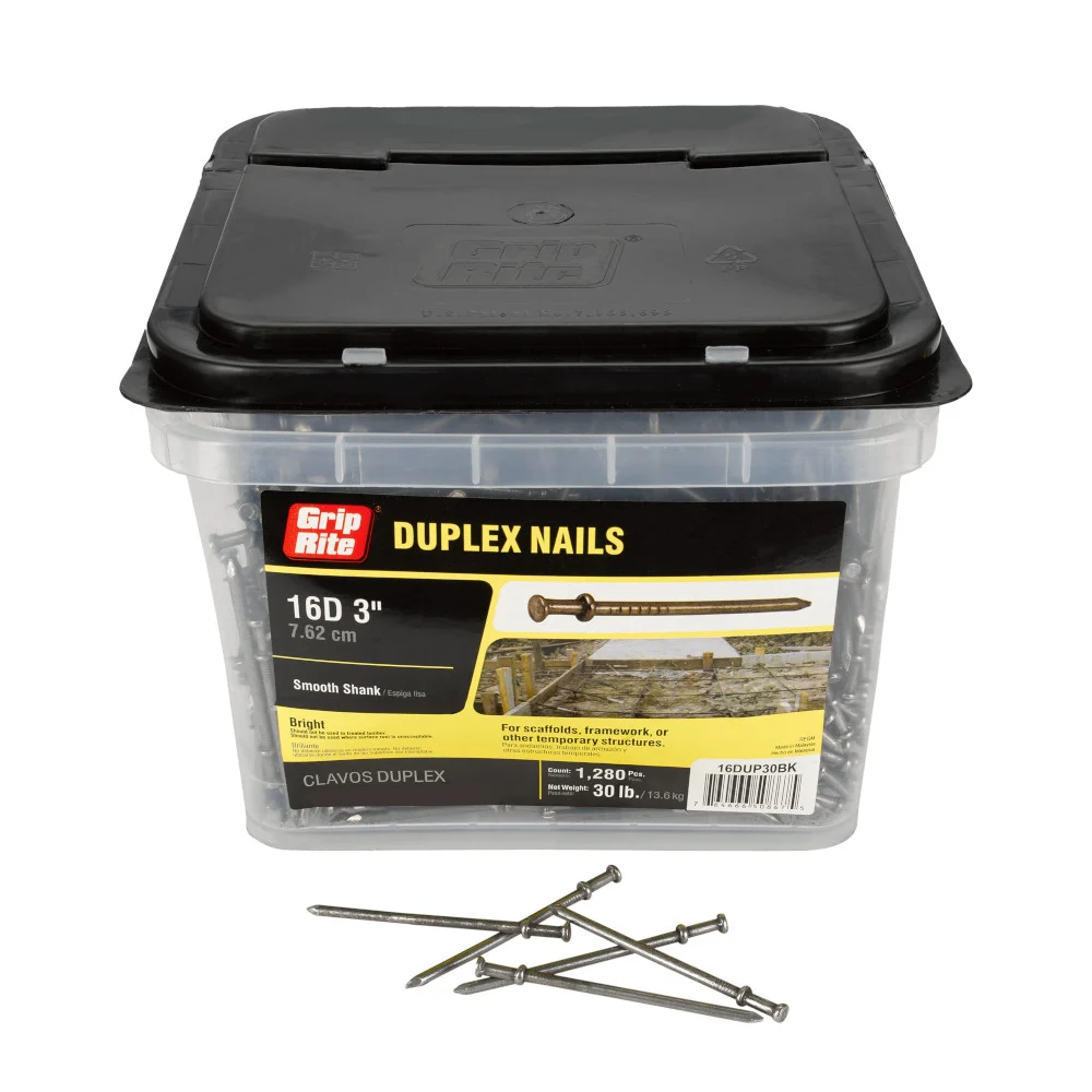 16DUP30BK Duplex Nail, 16D, 3 in L, Steel, Bright, Double Flat Head, Smooth Shank, Black, 30 lb - Grip-Rite
