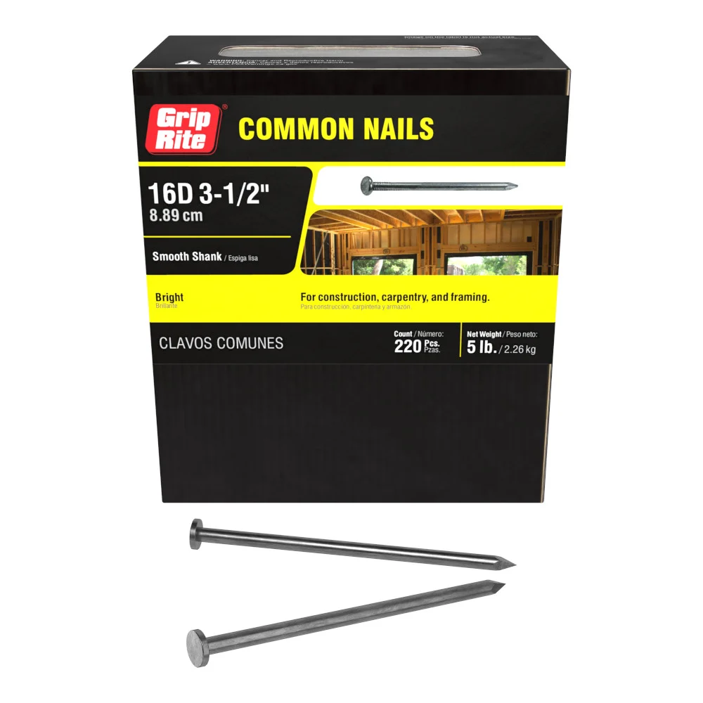 16C5 Common Nail, 16D, 3-1/2 in L, Steel, Bright, Flat Head, Smooth Shank, Silver, 5 lb