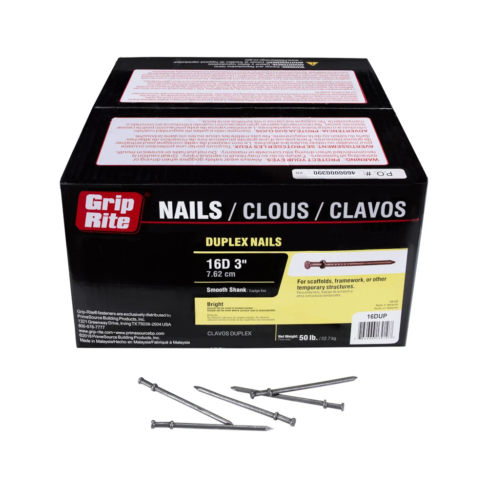 16DUP Duplex Nail, 16D, 3 in L, Steel, Bright, Double Head, Smooth Shank, Silver, 50 lb - Grip-Rite
