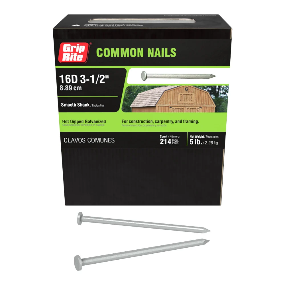 16HGC5 Common Nail, 16D, 3-1/2 in L, Steel, Hot-Dipped Galvanized, Flat Head, Smooth Shank, 5 lb