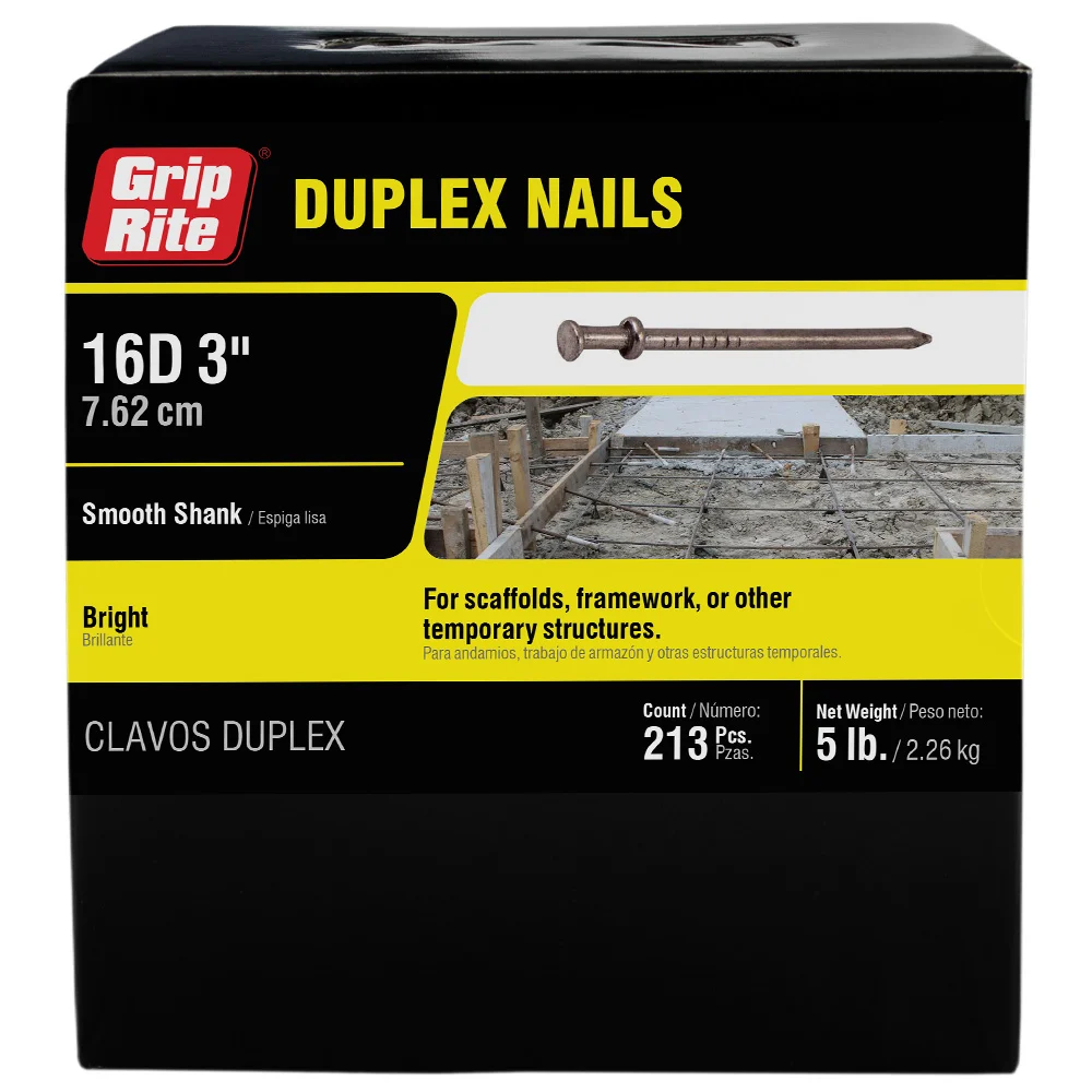16DUP5 Duplex Nail, 16D, 3 in L, Steel, Bright, Double Head, Smooth Shank, Silver, 5 lb - Grip-Rite