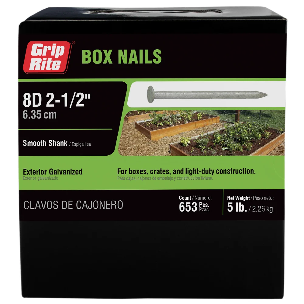 8HGBX5 Box Nail, 8D, 2-1/2 in L, Steel, Galvanized, Flat Head, Smooth Shank, Gray, 5 lb