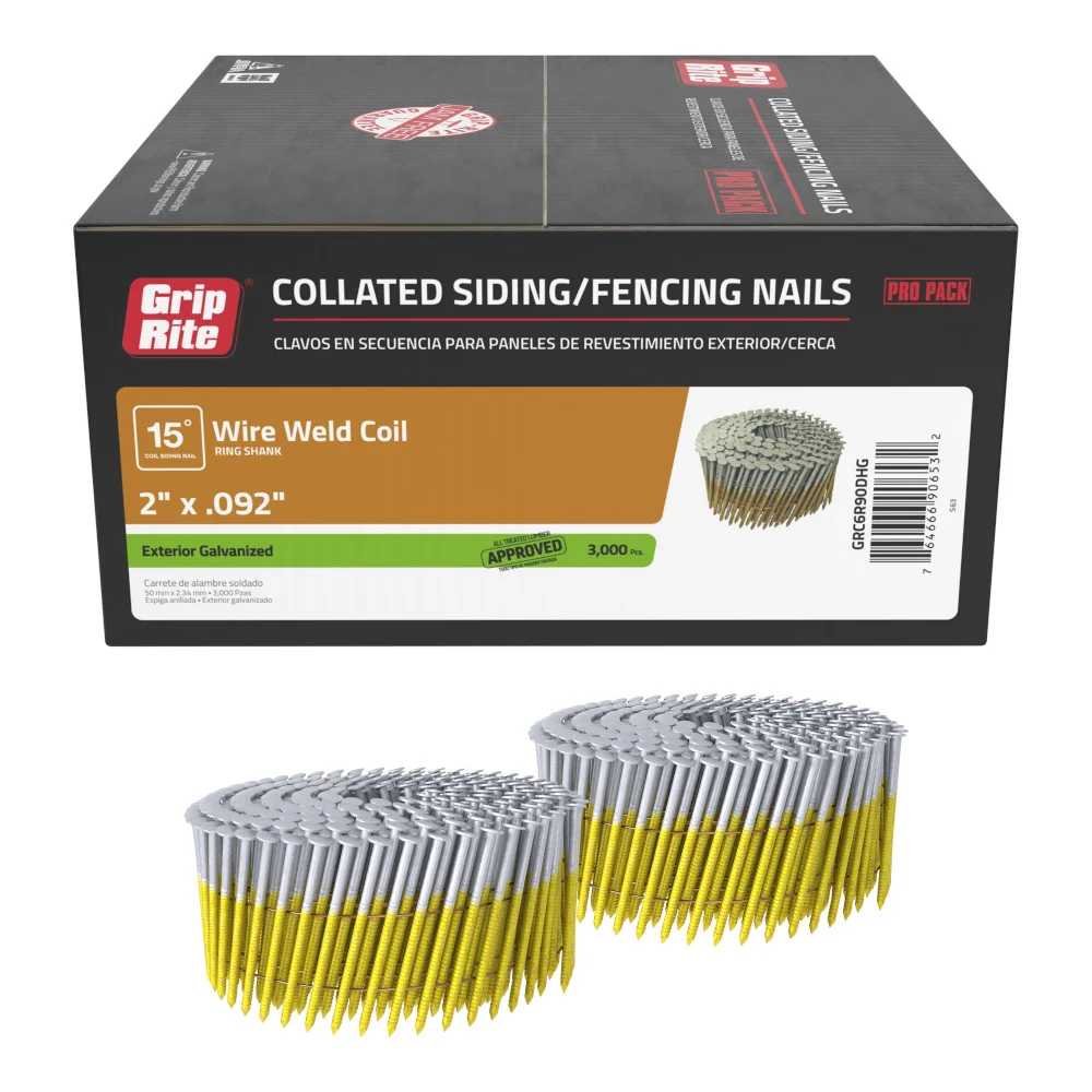 GRC6R90DHG Nail, 2 in L, Steel, Hot Dip Galvanized, Ring Shank, 3000 count, 15 Deg - Grip-Rite