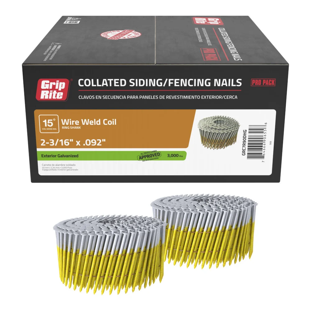 GRC7R90DHG Nail, 2-3/16 in L, Steel, Hot Dip Galvanized, Ring Shank, 3,000 Count, 15 Deg