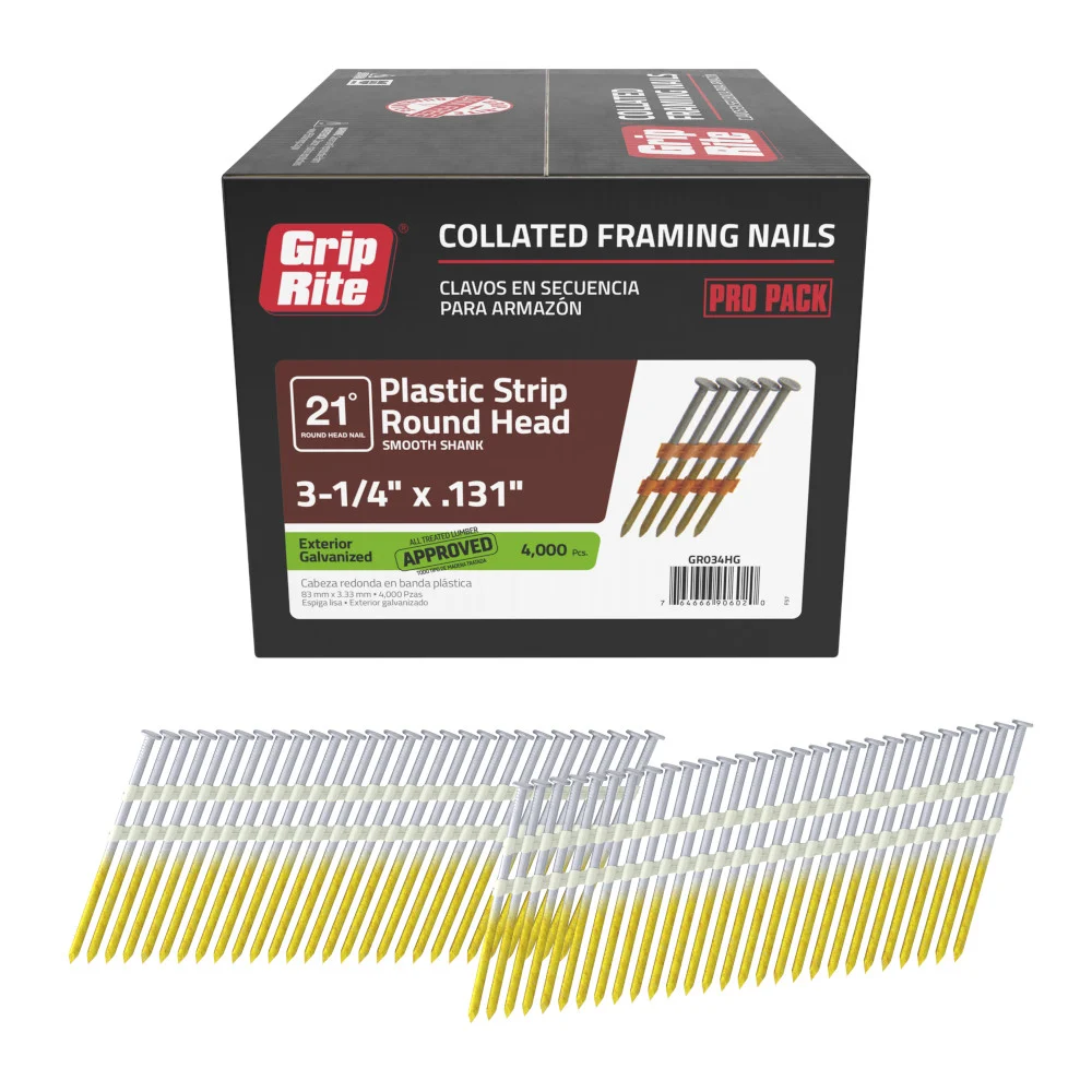 GR034HG Nail, 3-1/4 in L, Steel, Hot Dip Galvanized, Round Head, Smooth Shank, 4,000 Count, 21 deg