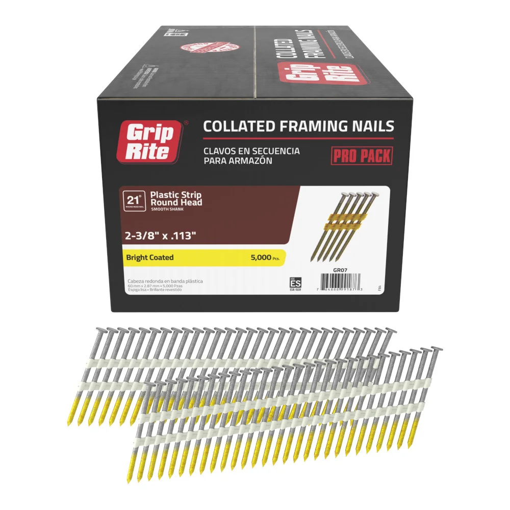 GR07 Framing Nail, 8D, 2-3/8 in L, Bright, Round Head, Smooth Shank, 5,000 Count, 21 deg