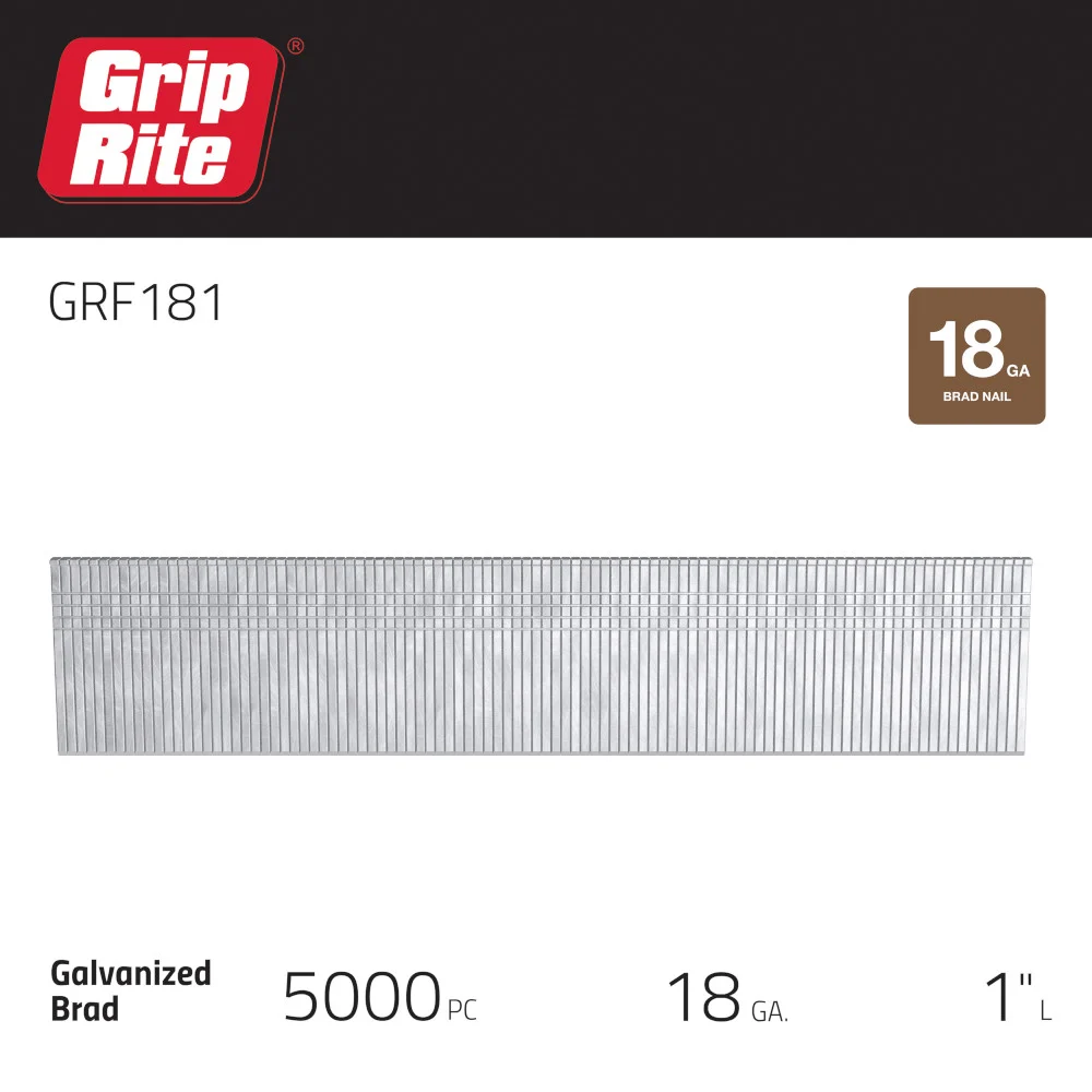 GRF181 Nail, 1 in L, 18 ga Gauge, Steel, Electro-Galvanized, Brad Head, 5,000 Count, Straight