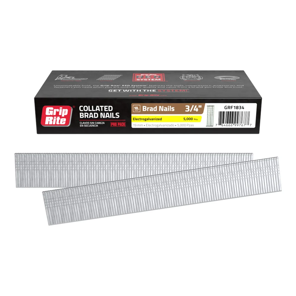 GRF1834 Nail, 3/4 in L, 18 ga Gauge, Steel, Electro-Galvanized, Brad Head, 5,000 Count, Straight