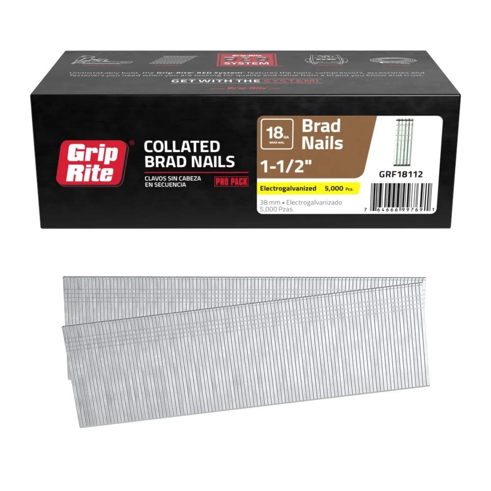GRF18112 Nail, 1-1/2 in L, 18 ga Gauge, Steel, Electro-Galvanized, Brad Head, 5,000 Count, Straight