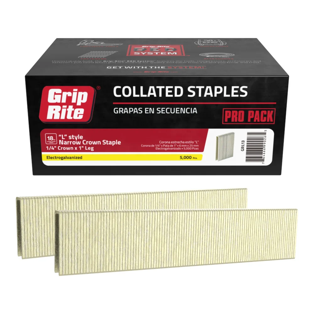 GRL13 Staple, 1/4 in W Crown, 1 in L Leg, Electro-Galvanized, 5,000 staples per box, 18 Gauge