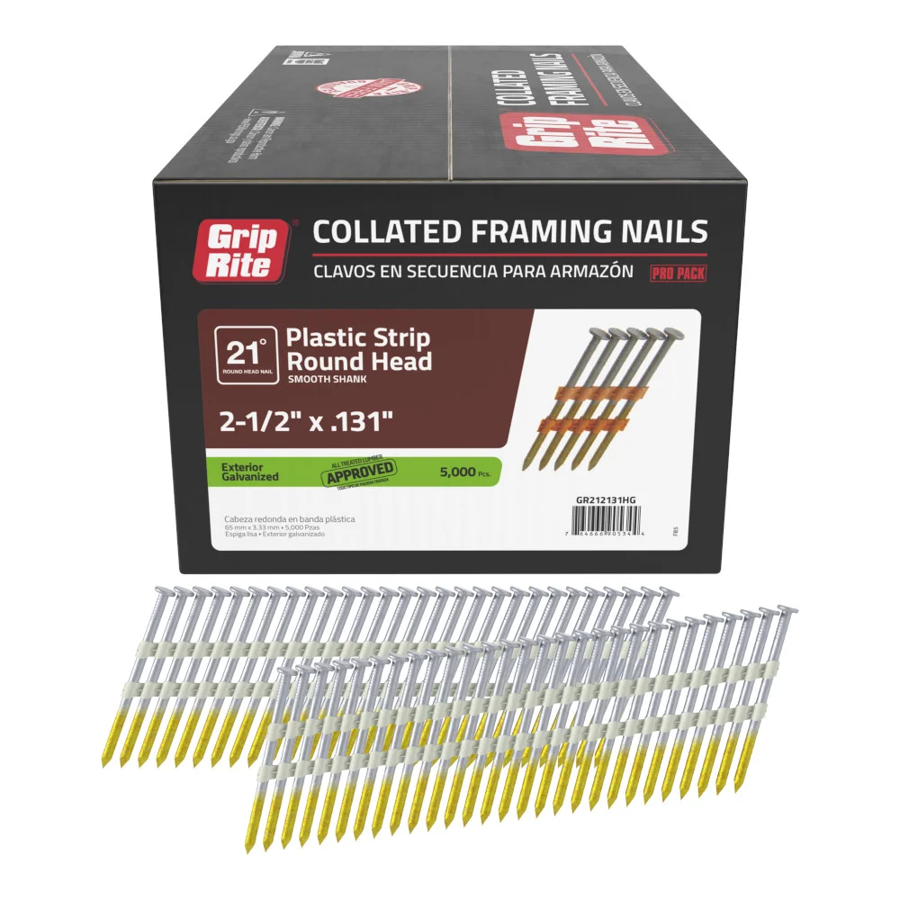 GR212131HG Framing Nail, 8D, 2-1/2 in L, Hot-Dipped Galvanized, Round Head, Smooth Shank, 5,000, 21 deg