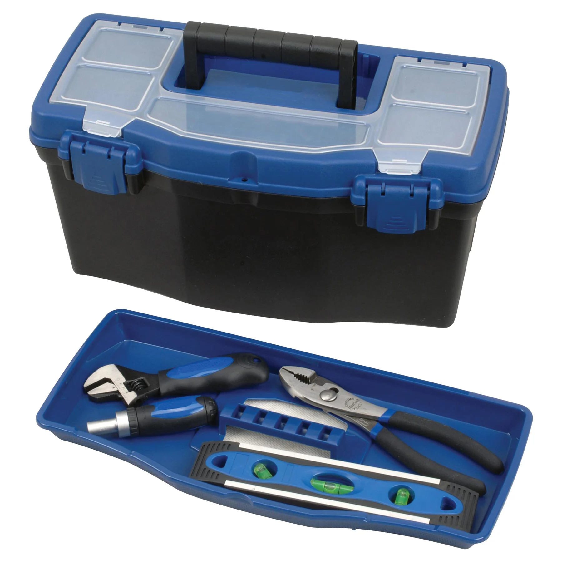 320101 Tool Box, 15 in L x 7 in W x 5-1/4 in H, Plastic, Black/Blue, 16 in L x 8-1/4 in W x 7-3/4 in H Outside