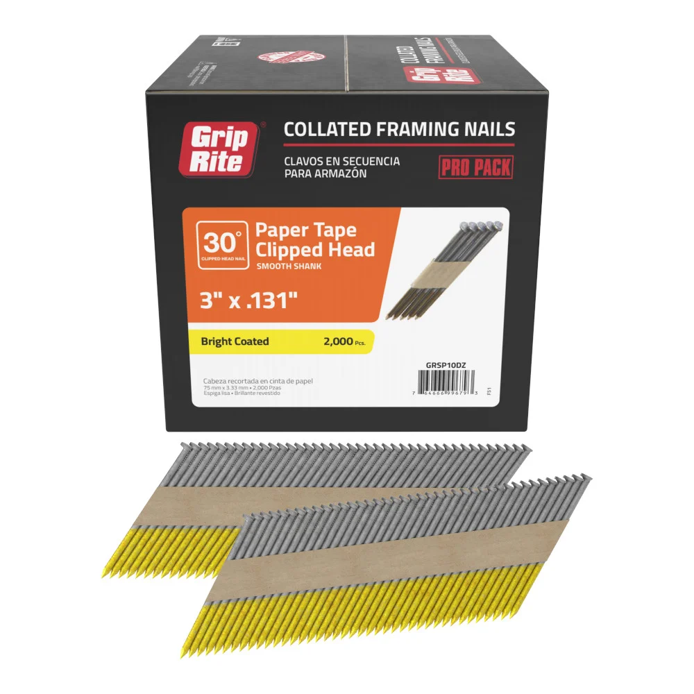 GRSP10D Nail, 3 in L, Steel, Bright, Clipped Head, Smooth Shank, 2,000 Count, 30 deg - Grip-Rite