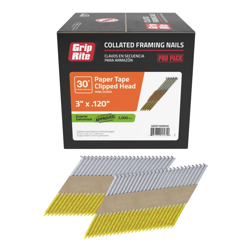 GRSP10DRHG Nail, 3 in L, Steel, Hot-Dipped Galvanized, Clipped Head, Ring Shank, 2,000 Count, 30 deg