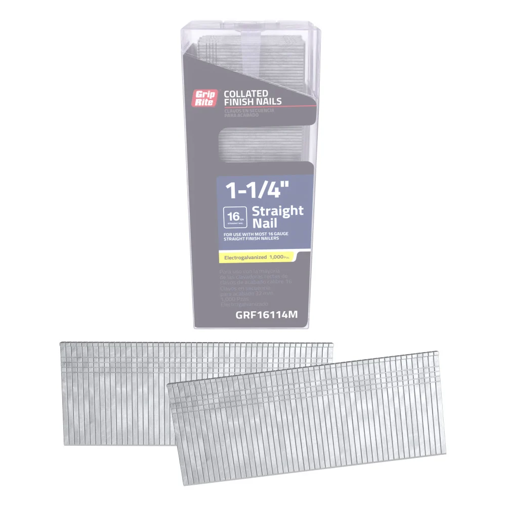 GRF16114M Finish Nail, 1-1/4 in L, 16 ga Gauge, Steel, Electro-Galvanized, 1,000 Count, Straight