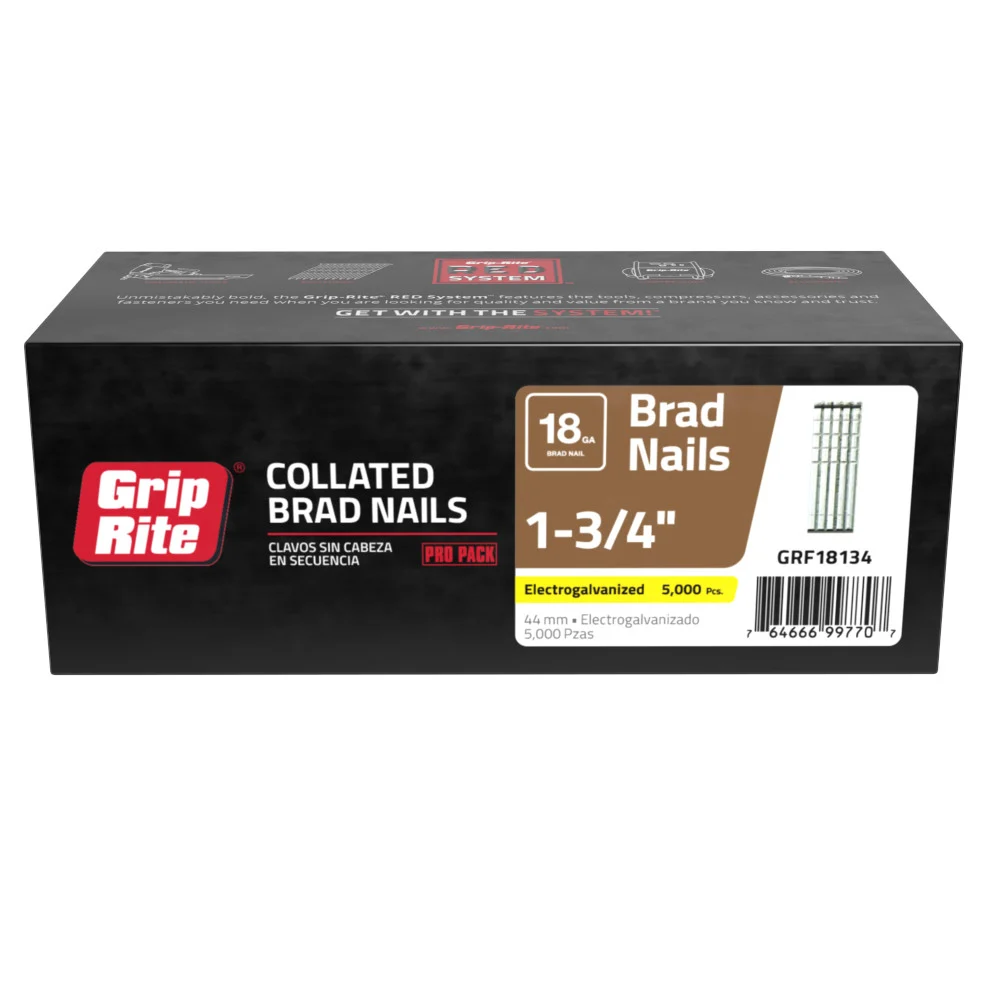 GRF18134 Nail, 1-3/4 in L, 18 ga Gauge, Steel, Electro-Galvanized, Brad Head, 5,000 Count, Straight