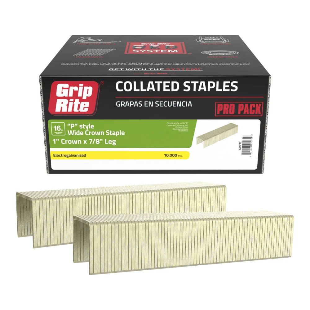 GRP12 Staple, 1 in W Crown, 7/8 in L Leg, Electro-Galvanized, 16 gauge