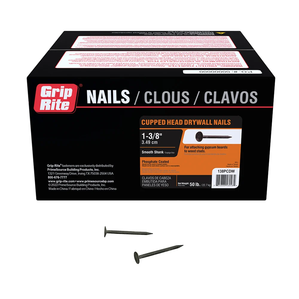 138PCDW Drywall Nail, 1-3/8 in L, Phosphate-Coated, Cupped Head, Smooth Shank, 50 lb