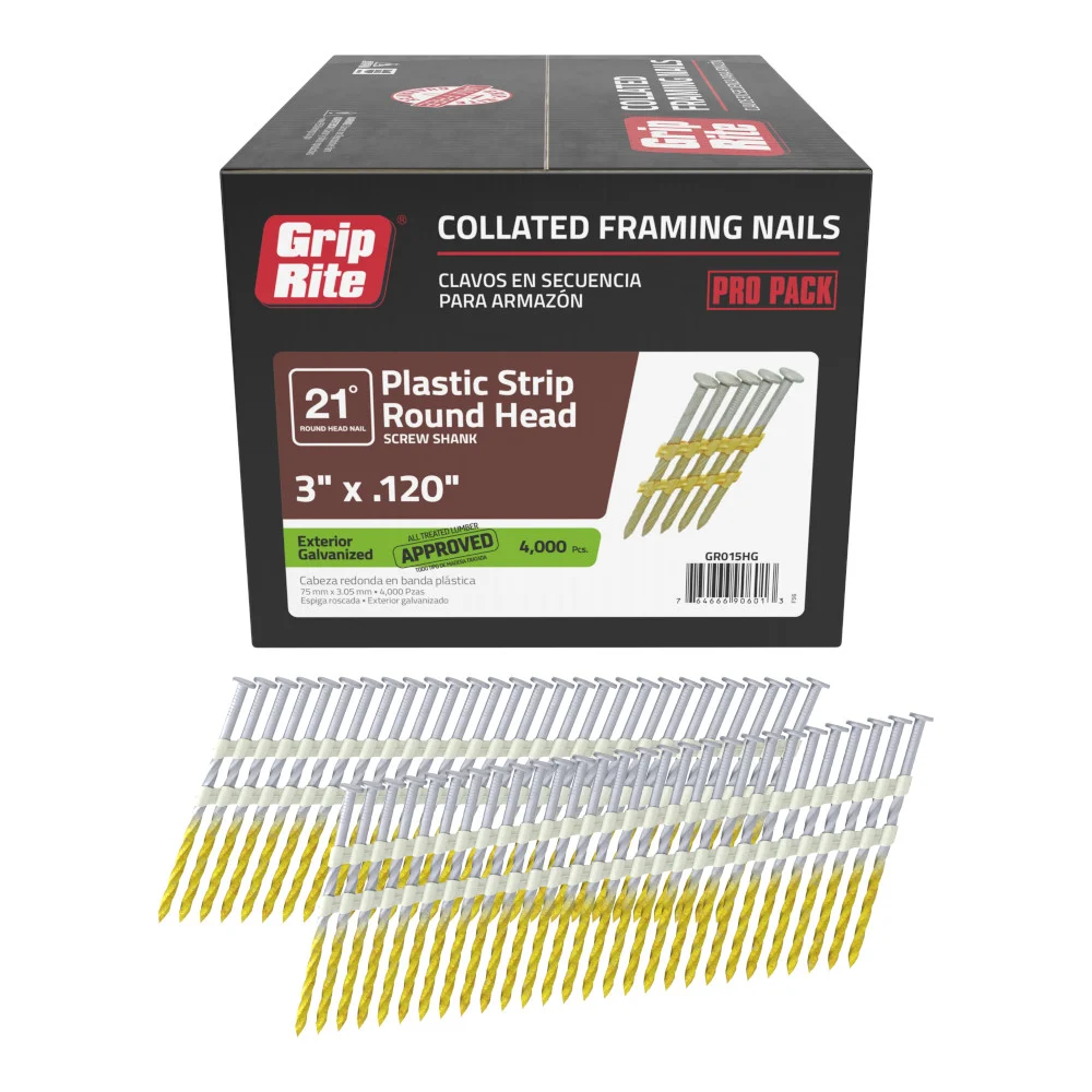 GR015HG Framing Nail, 3 in L, Steel, Hot-Dipped Galvanized, Round Head, Screw Shank, 4,000 Count, 21 deg