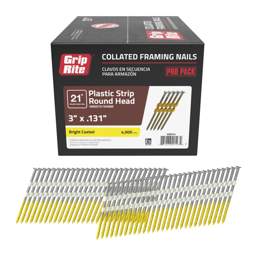 GR014 Framing Nail, 10D, 3 in L, Steel, Bright, Round Head, Smooth Shank, 4,000 Count, 21 deg - Grip-Rite