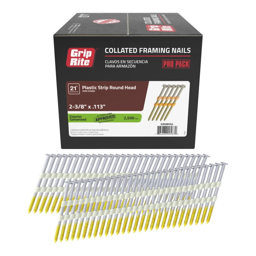 GR08HGL Framing Nail, 8D, 2-3/8 in L, Steel, Hot-Dipped Galvanized, Round Head, Ring Shank, 2,500 Count, 21 deg