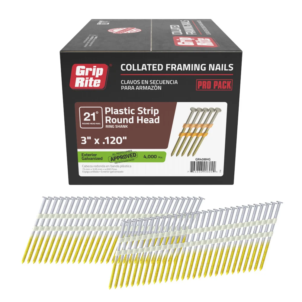 GR408HG Framing Nail, 3 in L, Steel, Hot-Dipped Galvanized, Round Head, Ring Shank, 4,000 Count, 21 deg