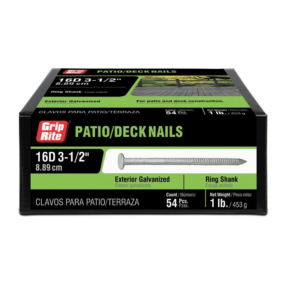 16HGRSPD1 Patio/Deck Nail, 16D, 3-1/2 in L, Steel, Hot-Dipped Galvanized, Checkered Head, Ring Shank, 1 lb