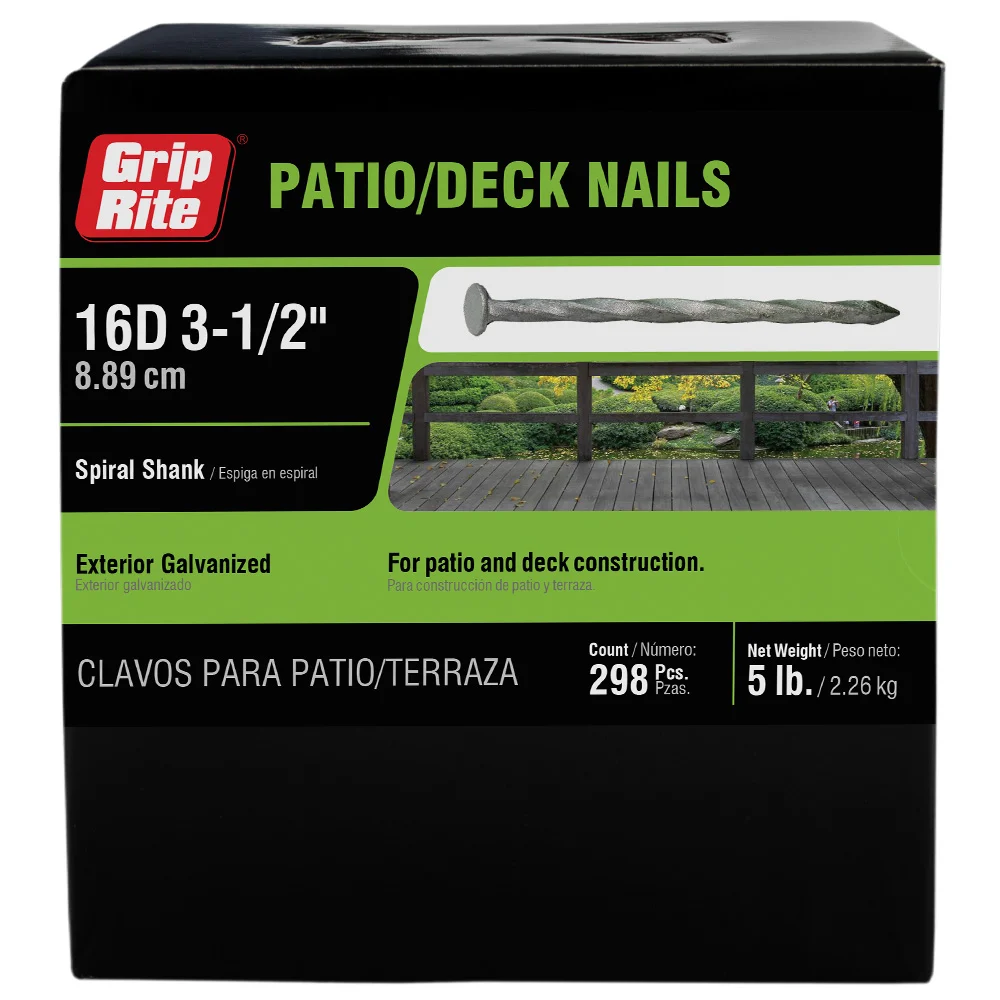 16HGSTPD5 Patio/Deck Nail, 16D, 3-1/2 in L, Steel, Hot-Dipped Galvanized, Checkered Head, Spiral Shank, 5 lb