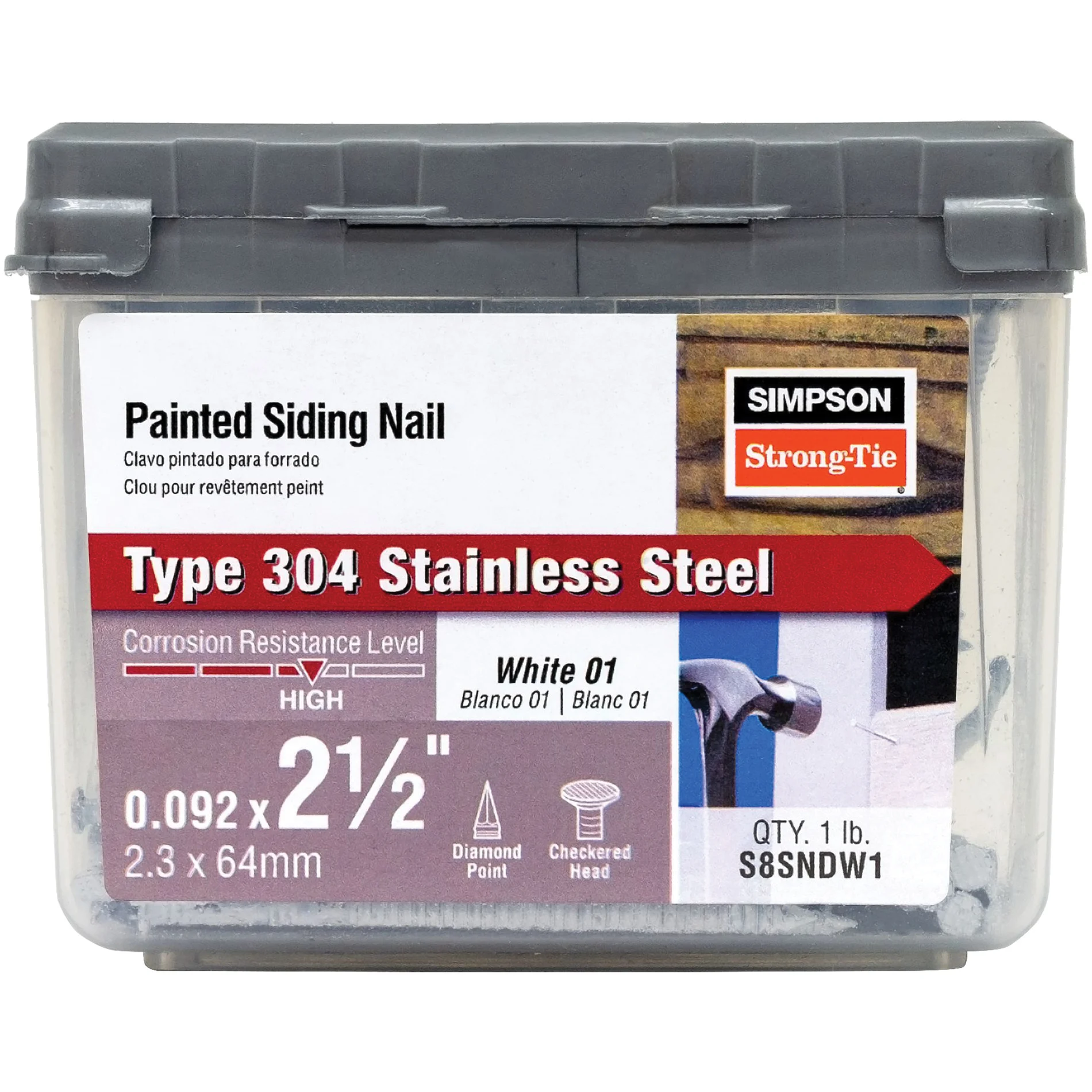 S8SNDW1 Siding Nail, 8D, 2-1/2 in L, Stainless Steel, Full Round Head, Annular Ring Shank, 1 lb