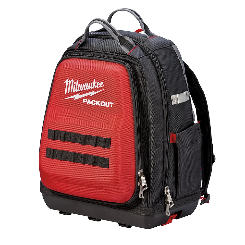 PACKOUT 48-22-8301 Tool Backpack, 11.81 in W, 15-3/4 in D, 15-3/4 in H, 48-Pocket, Polyester, Black/Red