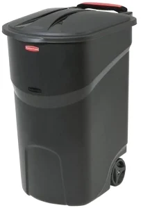 2008188 Wheeled Trash Can with Lid, 45 gal Capacity, Plastic, Black, Hinged Closure - Rubbermaid