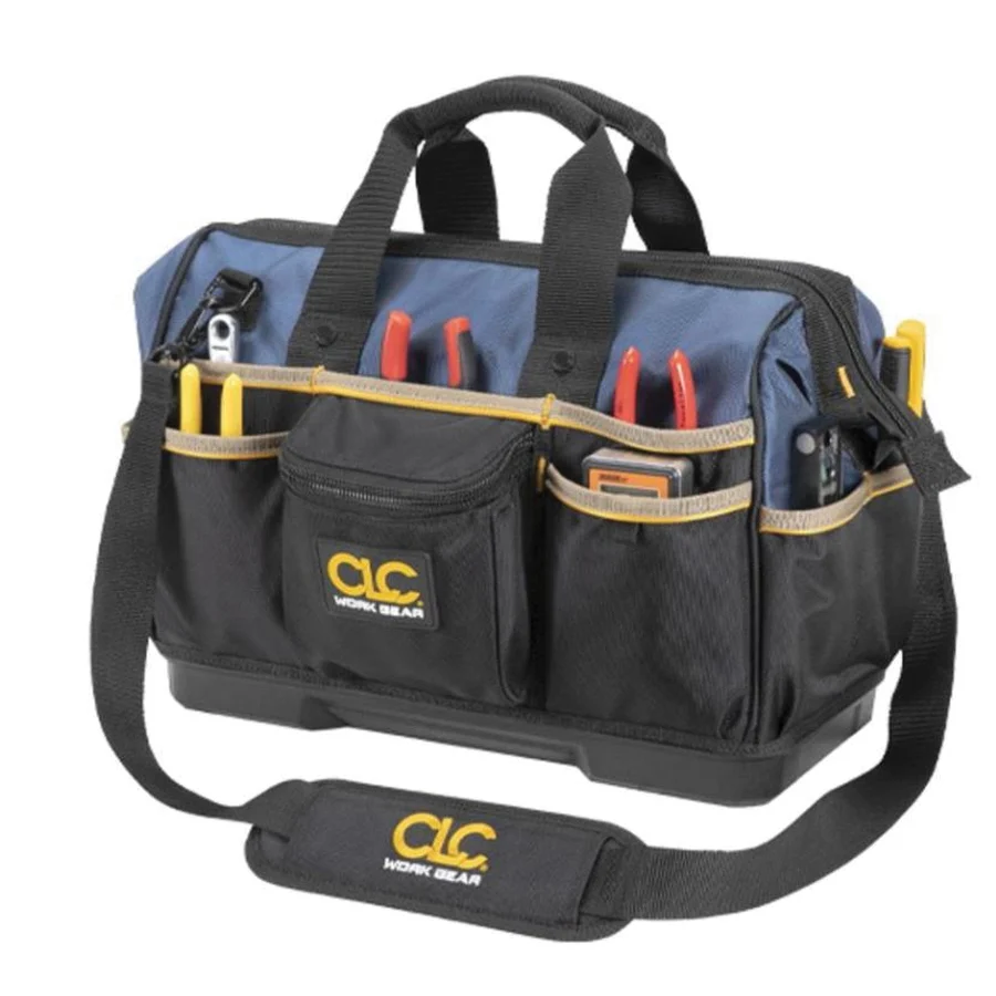 Tool Works PB1563 Tote Tool Bag, 16 in W, 8 in D, 12 in H, 23-Pocket, Polyester, Black/Blue