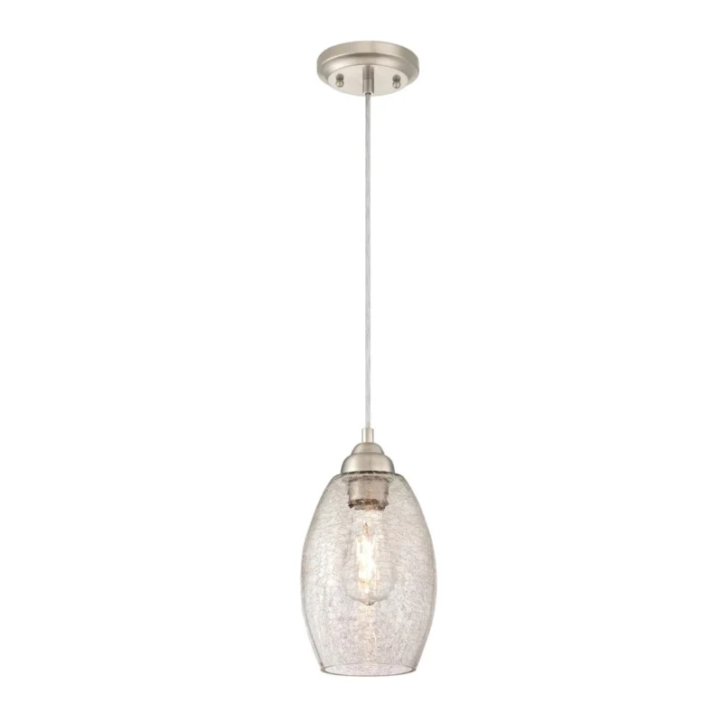 61057 Mini Pendant, 120 V, 1-Lamp, Incandescent, LED Lamp, Metal Fixture, Brushed Nickel Fixture