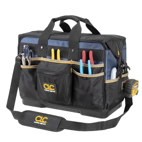 TOOL WORKS PB1553 Molded-Base Contractor's Closed Top Tool Bag, 19 in W, 9 in D, 16 in H, 29-Pocket, Polyester