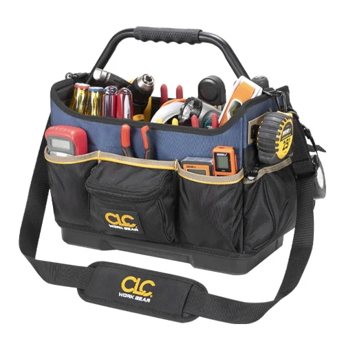 TOOL WORKS PB1580 Molded-Base Open Top Tool Bag, 15 in W, 8 in D, 12 in H, 17-Pocket, Polyester, Black/Blue