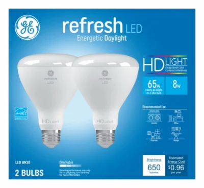 93129888 LED Bulb, BR30 Lamp, 65 W, E26 Lamp Base, Dimmable, Daylight Light, 5000 K Color Temp, Plastic Fixture, White - GE