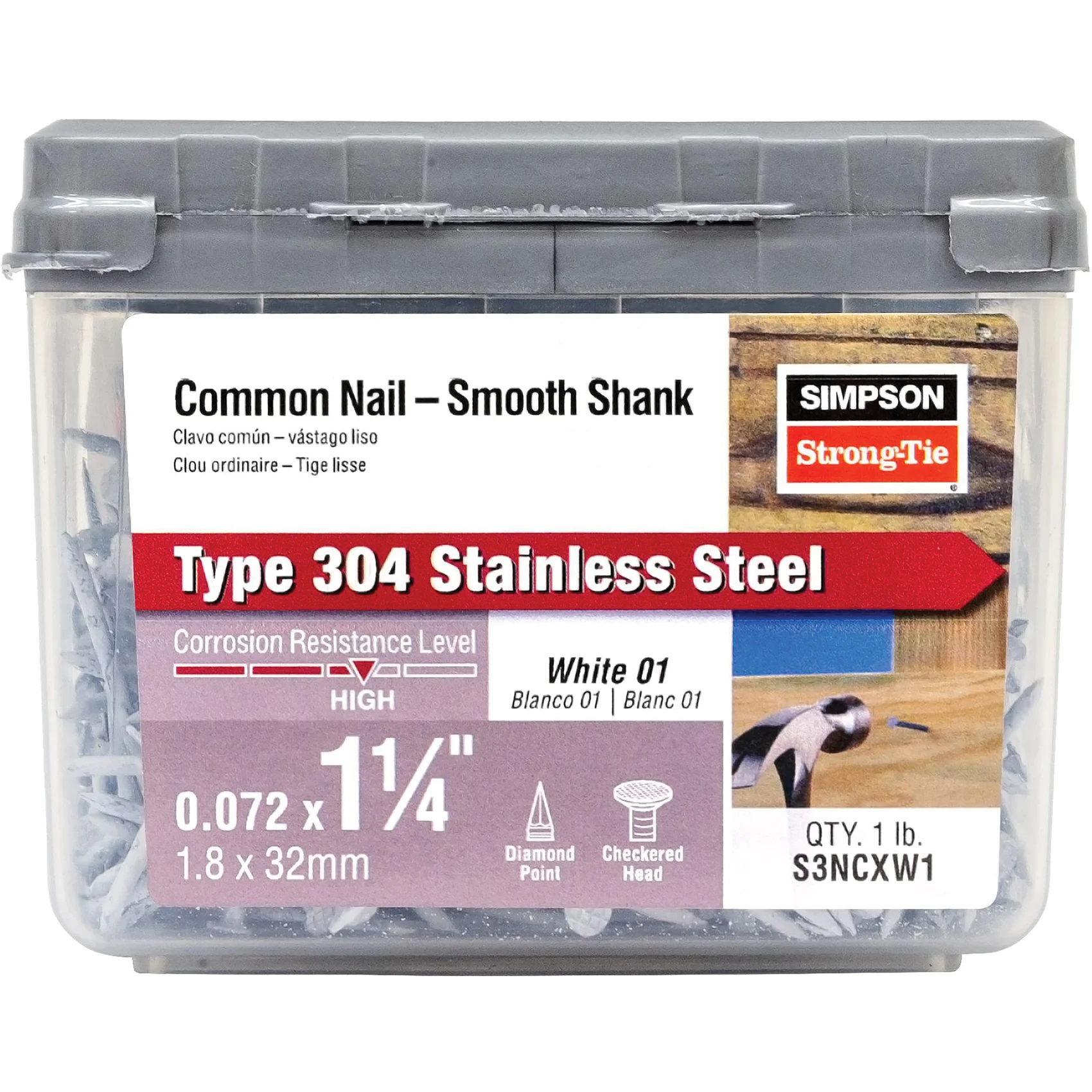 S3NCXW1 Trim Nail, 3D, 1-1/4 in L, Stainless Steel, 1 lb