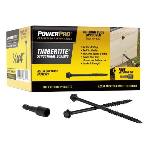 TimberTite Series 49105 Structural Screw, 1/4 in Thread, 4 in L, Serrated Thread, Washer Head, Hex Drive - Power Pro