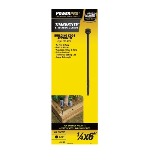 TimberTite Series 49108 Structural Screw, 1/4 in Thread, 6 in L, Serrated Thread, Washer Head, Hex Drive - Power Pro