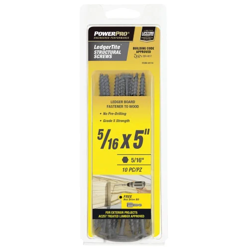 LedgerTite Series 49118 Structural Screw, 5/16 in Thread, 5 in L, Serrated Thread, Washer Head, Hex Drive - Power Pro