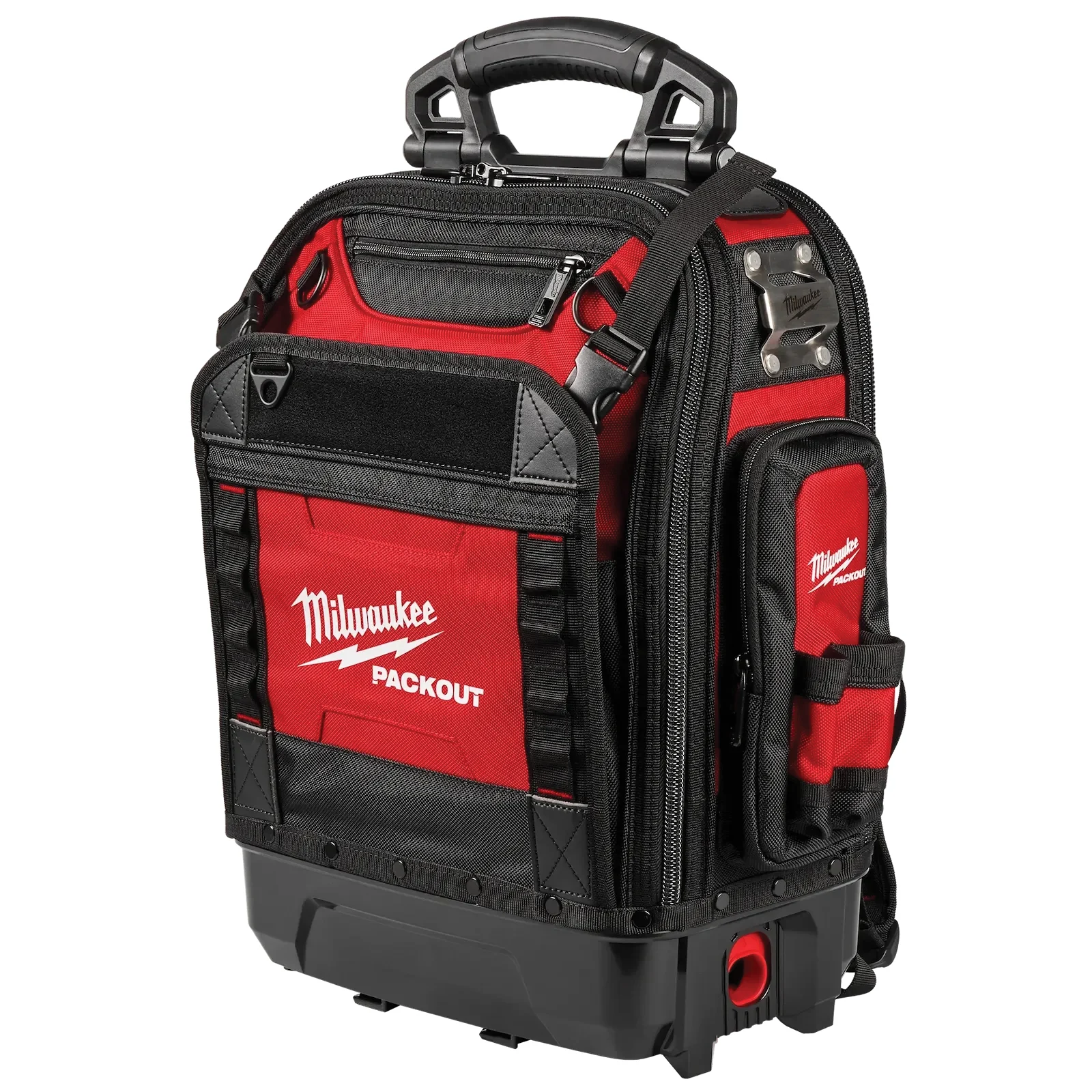 Packout 48-22-8303 Structured Backpack, 18 in W, 9-1/2 in D, 20 in H, 42-Pocket, Polyester, Black/Red