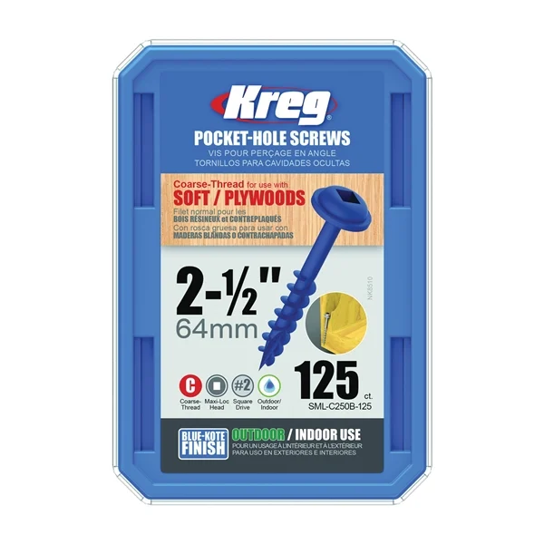 Blue-Kote SML-C250B-125 Pocket-Hole Screw, #8 Thread, Coarse Thread, Square Drive, Carbon Steel, 125/PK