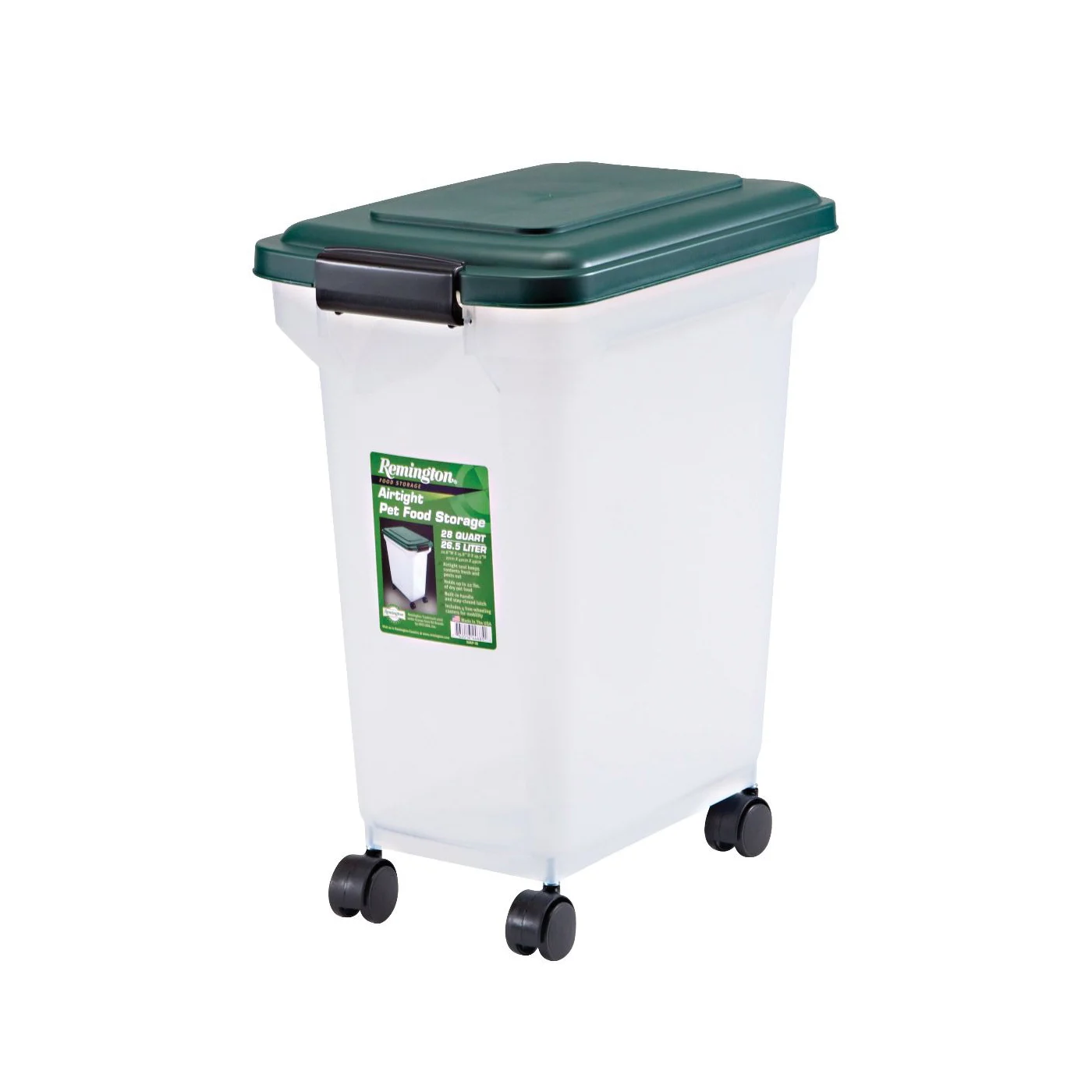 Remington 296001 Pet Food Container, 28 qt, Plastic, Green, Airtight, Latch Cover/Lid, 15.8 in L, 10-3/4 in W