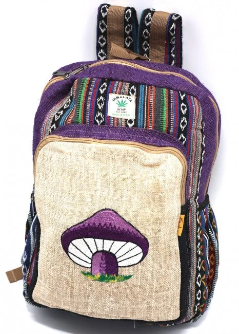 Himalayan Hemp Fabric with Embroidered Mushroom Large Backpack - Assorted Colors